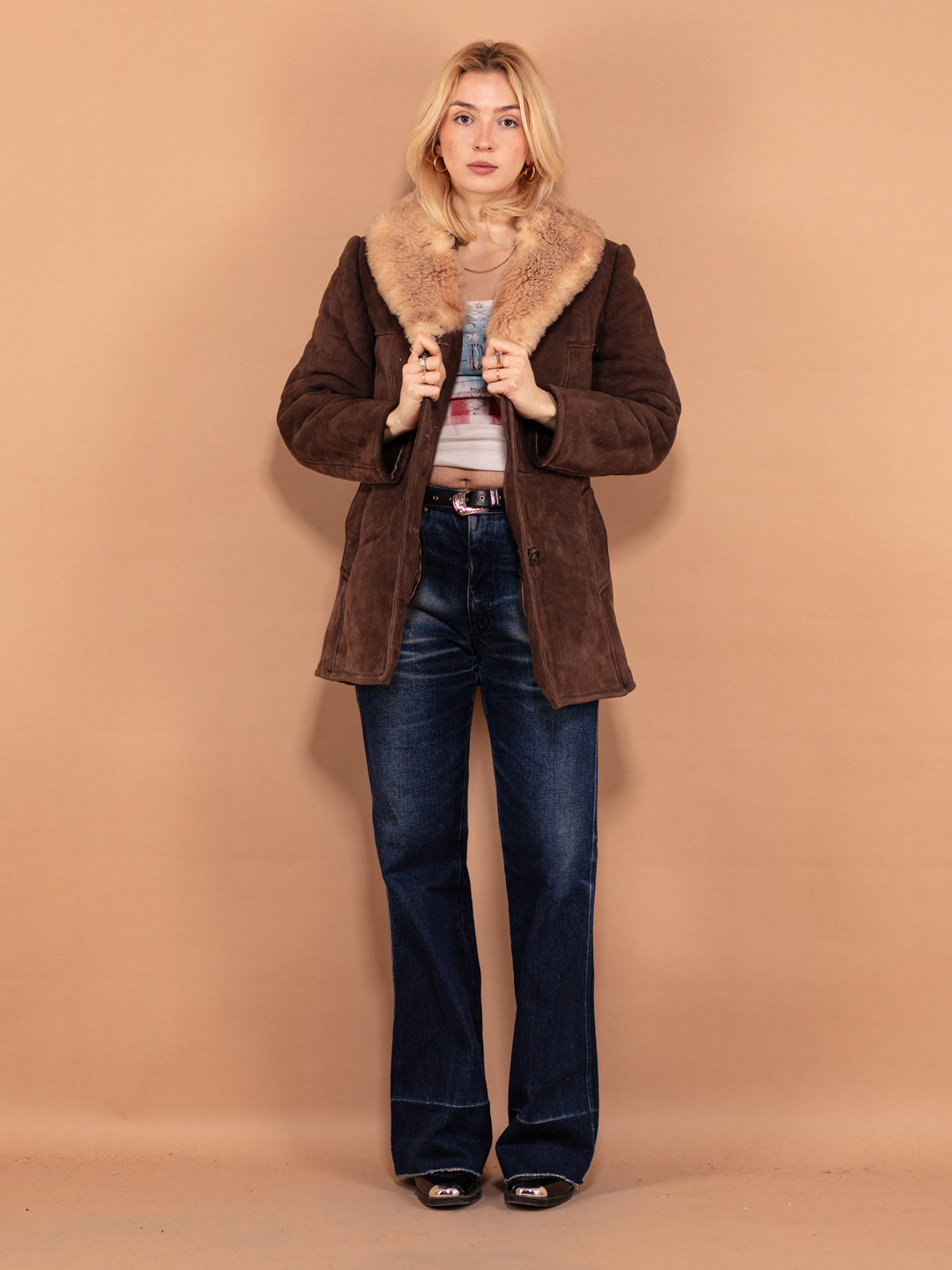 Vintage 70's Women Sheepskin Coat in Brown - NorthernGrip