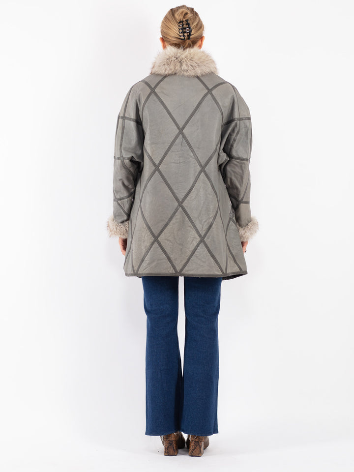 Vintage 70's Women Sheepskin Shearling Coat in Gray
