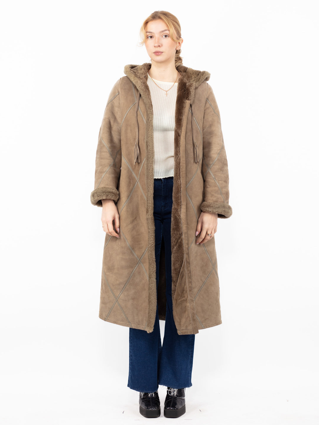 Vintage 70's Women Hooded Sheepskin Long Coat in Beige