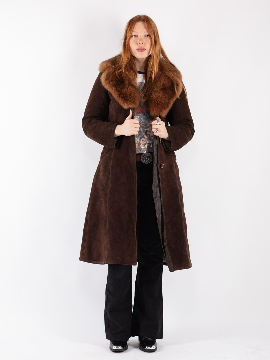 Vintage 70's Women Sheepskin Shearling Coat in Brown
