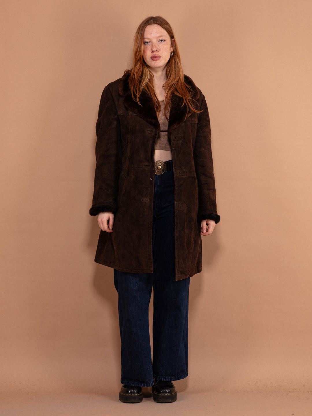 Vintage 70's Women Sheepskin Suede Coat in Brown - NorthernGrip