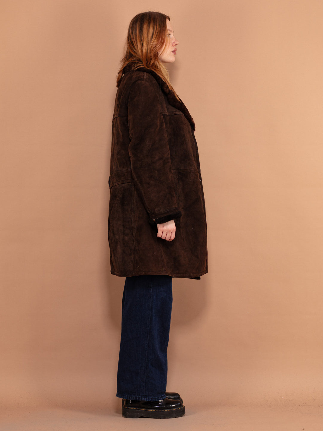 Vintage 70's Women Sheepskin Suede Coat in Brown - NorthernGrip
