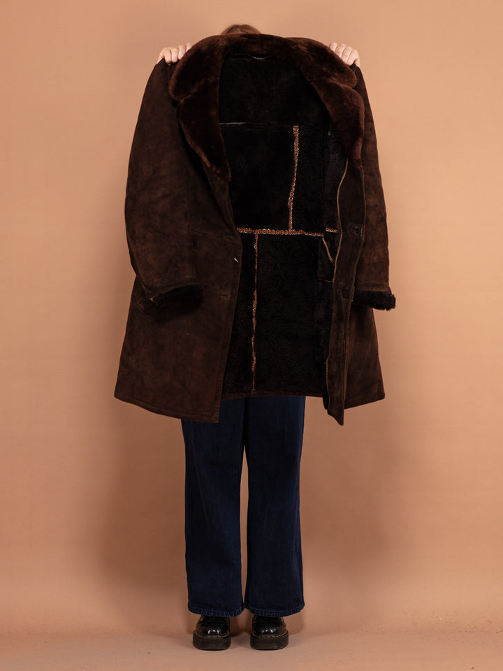 Vintage 70's Women Sheepskin Suede Coat in Brown - NorthernGrip