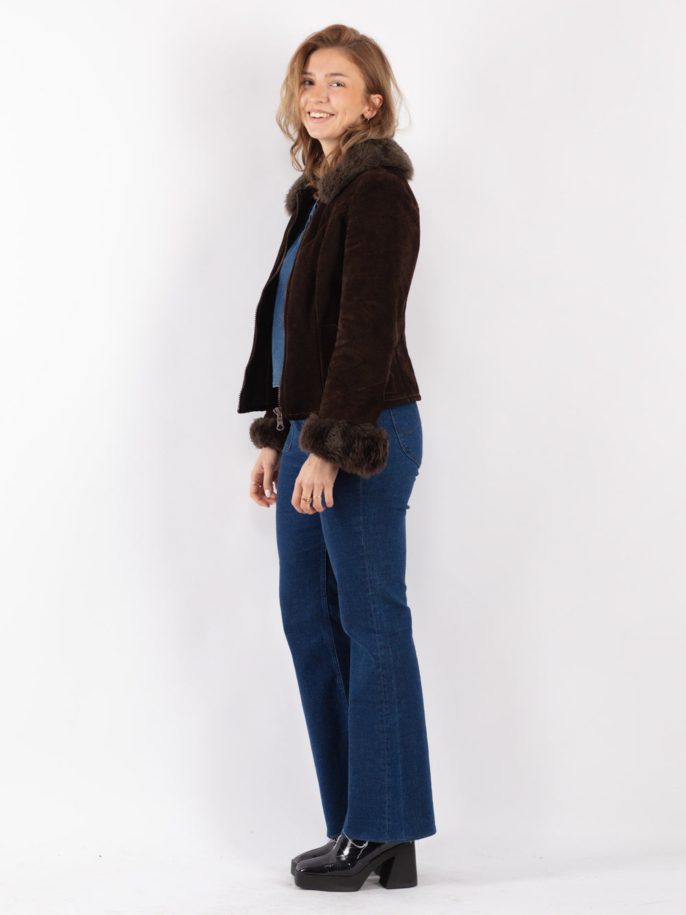 Vintage 70's Women Suede Sherpa Jacket in Brown