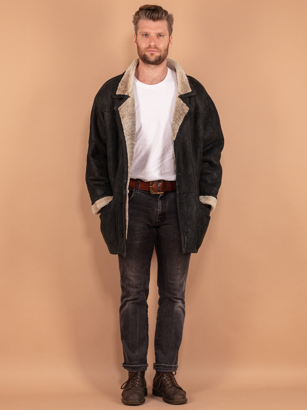Vintage 80's Men Sheepskin Coat in Black - NorthernGrip
