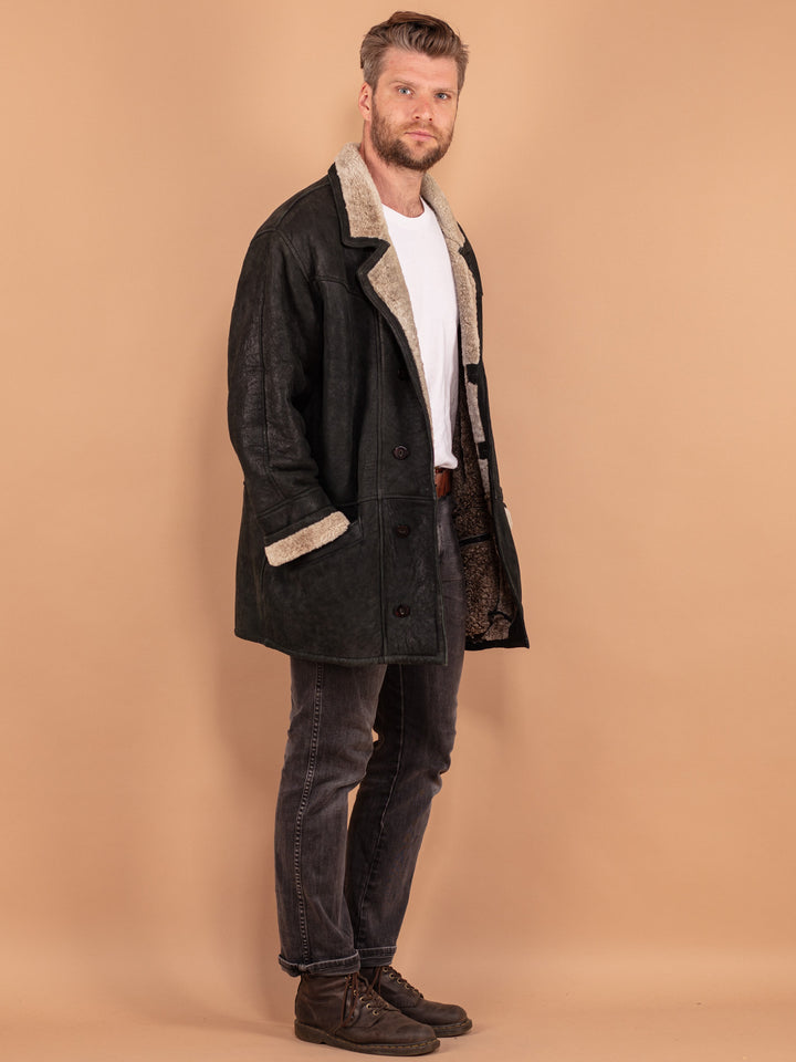 Vintage 80's Men Sheepskin Coat in Black - NorthernGrip