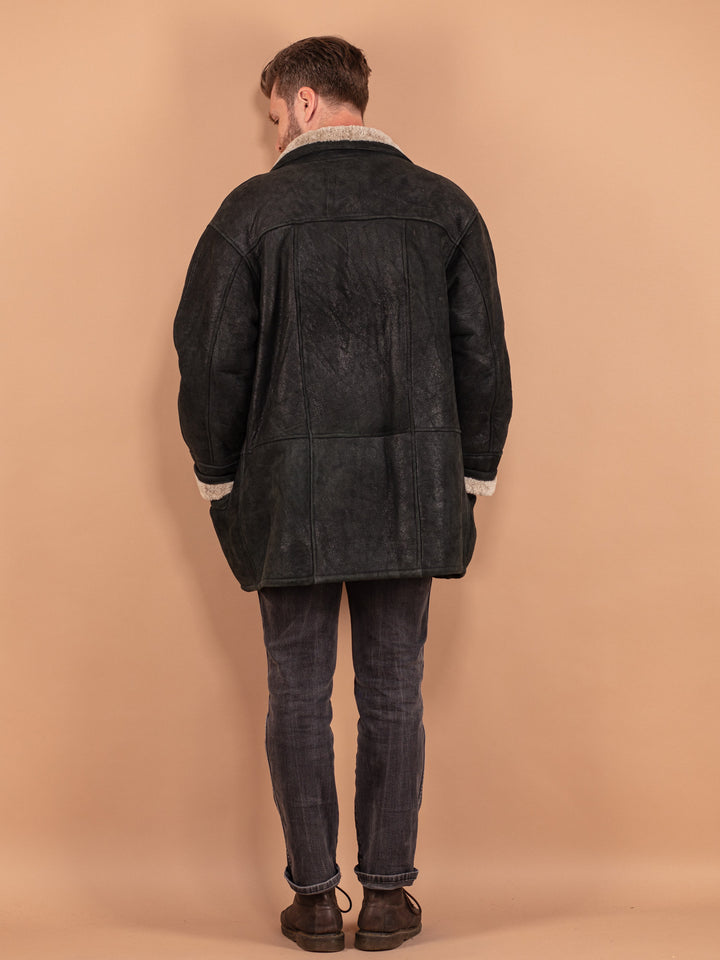 Vintage 80's Men Sheepskin Coat in Black - NorthernGrip