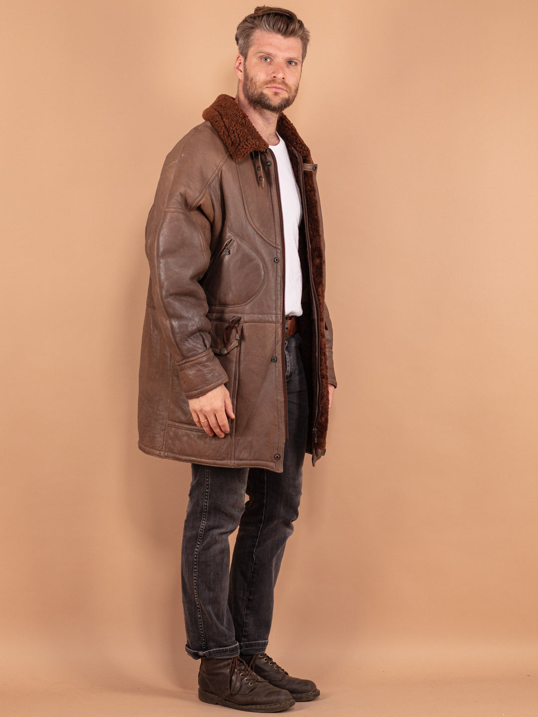 Vintage 80's Men Sheepskin Coat in Brown - NorthernGrip