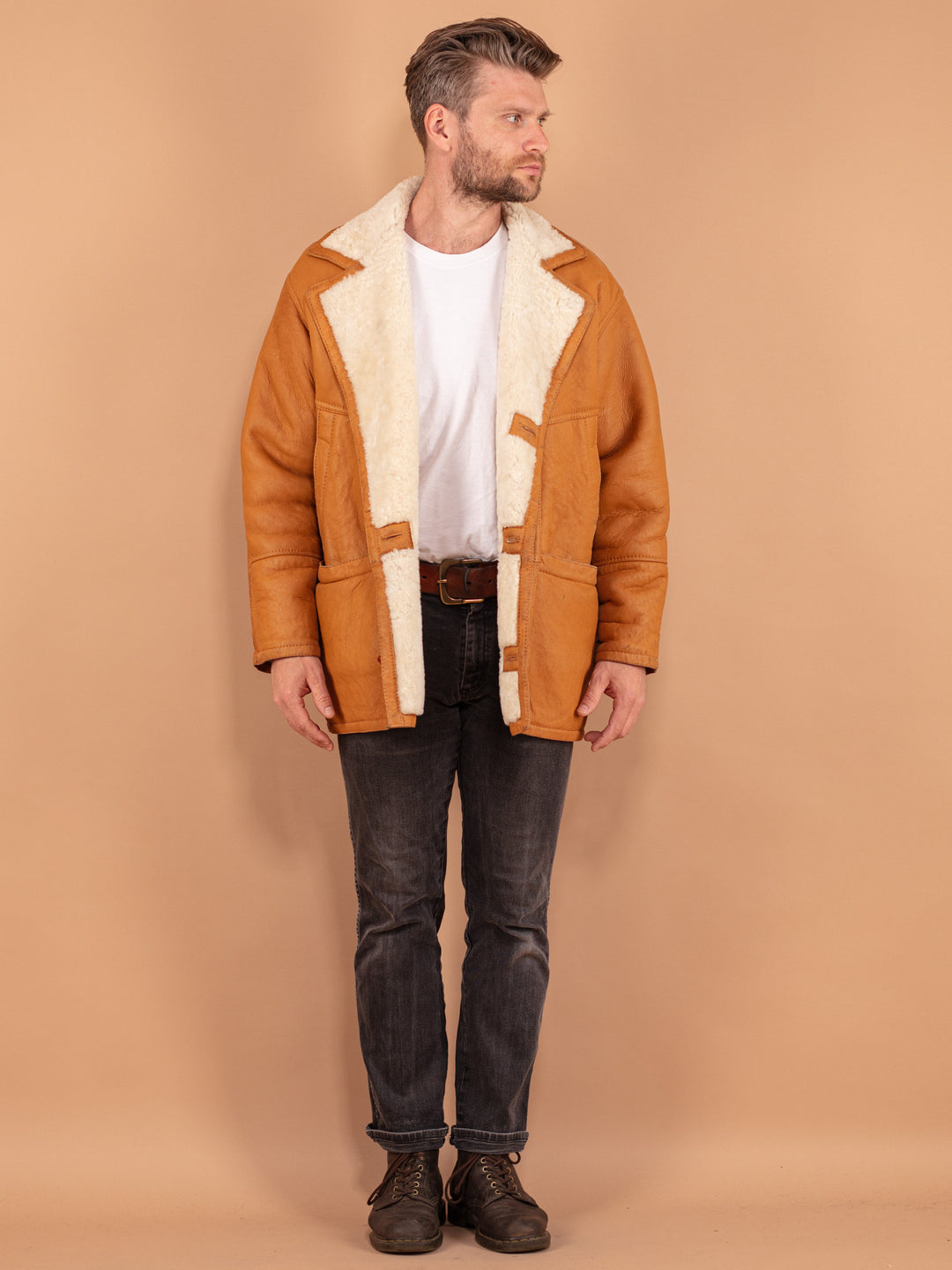 Vintage 80's Men Sheepskin Coat in Brown - NorthernGrip