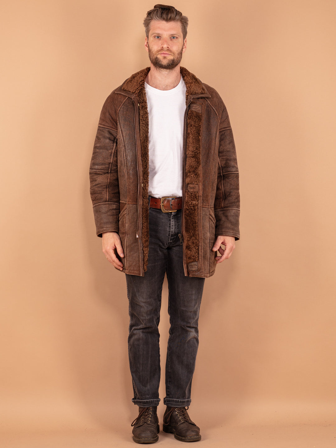 Vintage 80's Men Sheepskin Coat in Brown - NorthernGrip