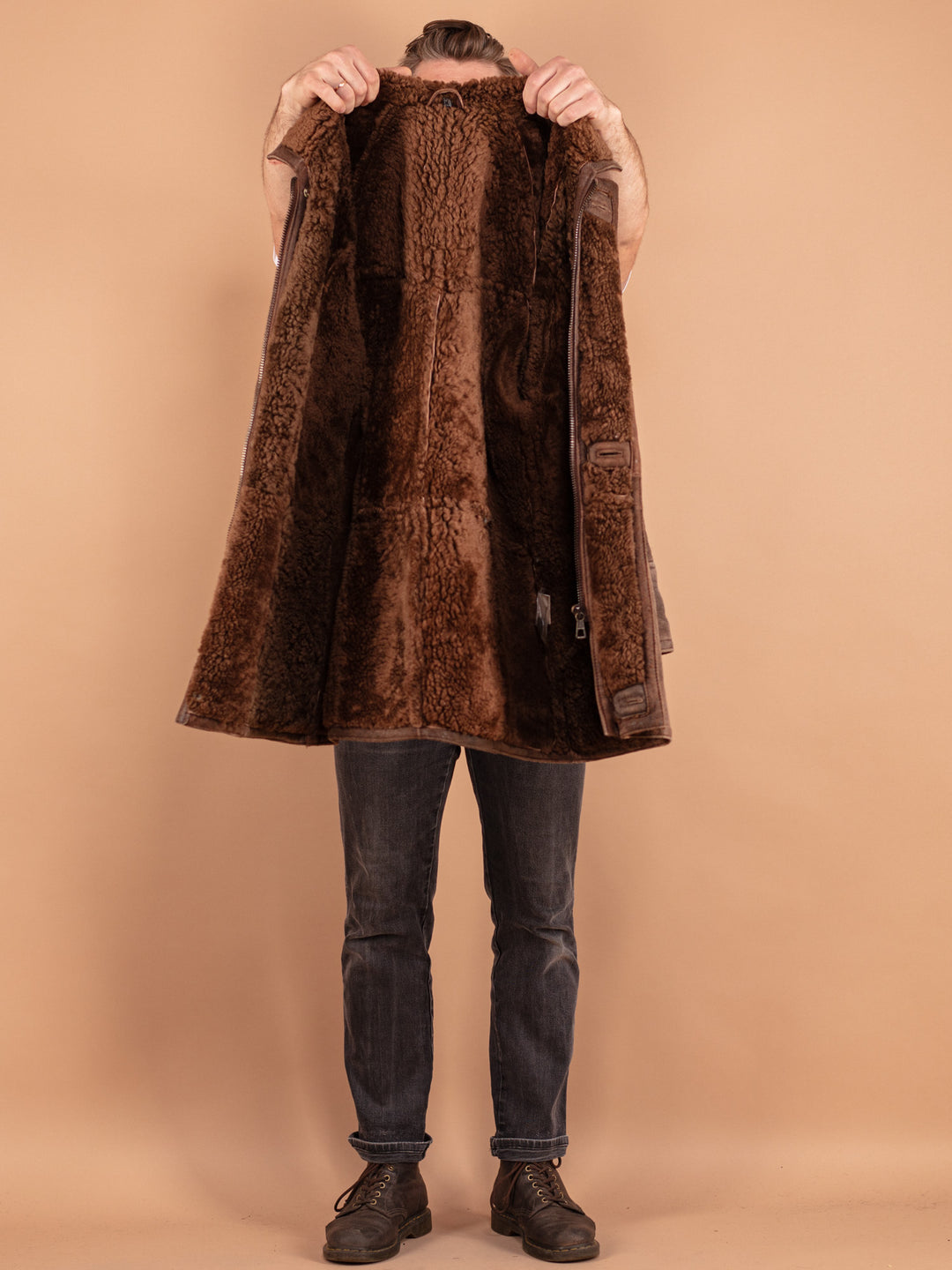 Vintage 80's Men Sheepskin Coat in Brown - NorthernGrip