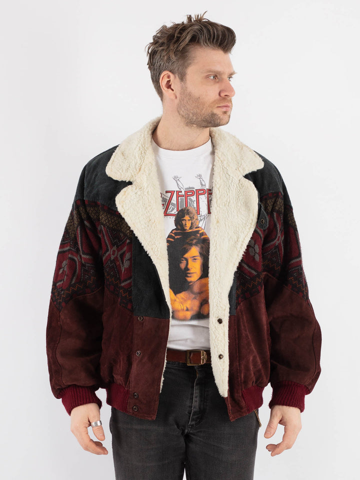 Vintage 80's Men Aztec Suede Bomber Jacket in Multi - NorthernGrip