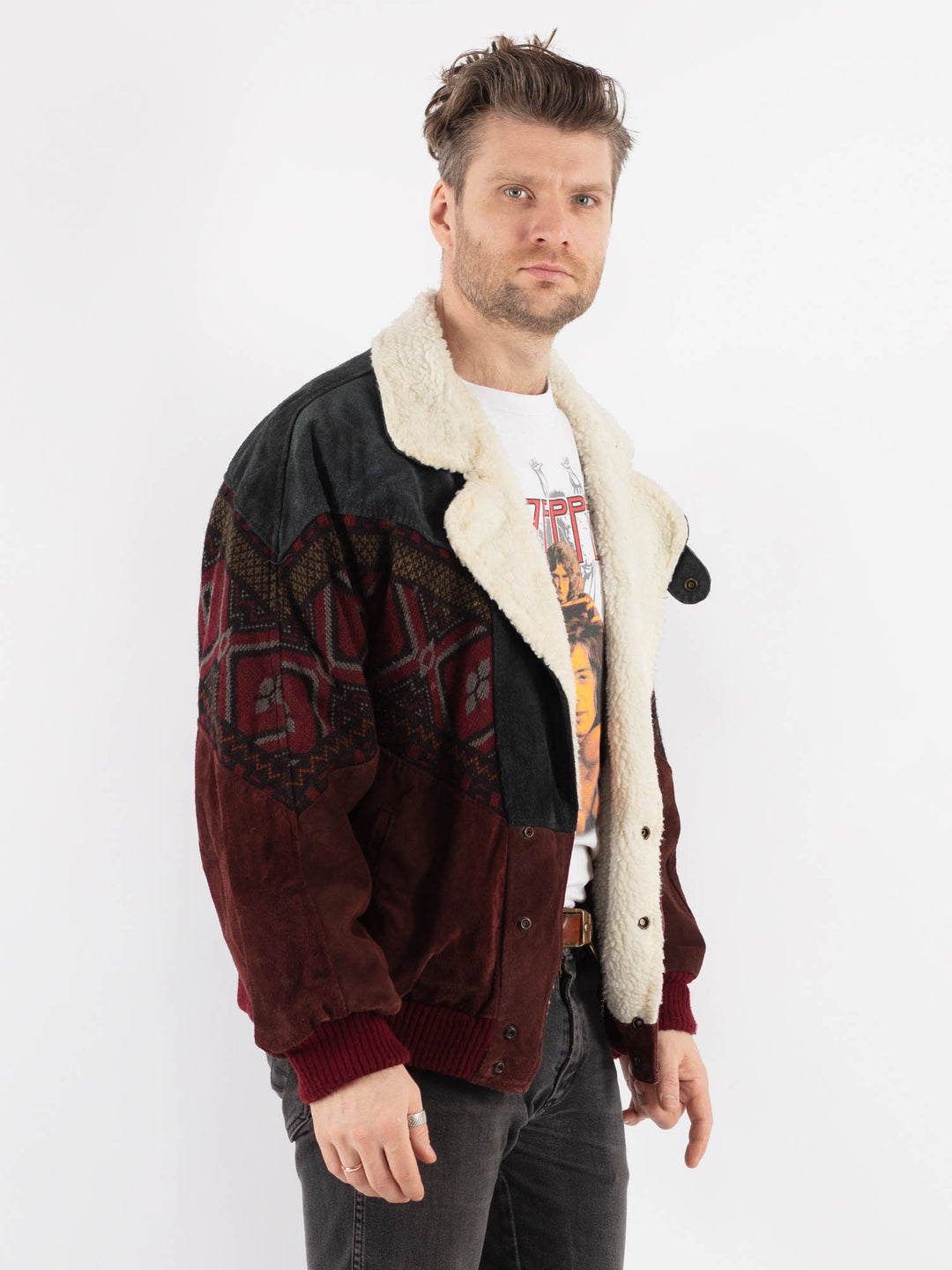 Vintage 80's Men Aztec Suede Bomber Jacket in Multi - NorthernGrip