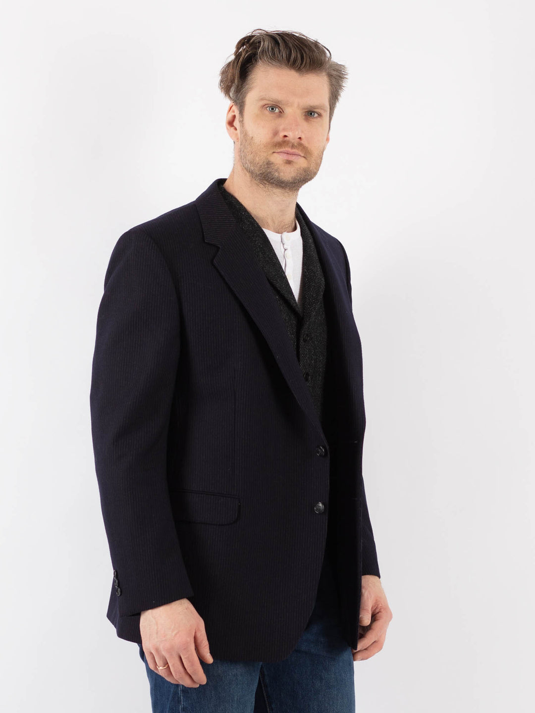 Vintage 80's Men Wool Blazer Jacket in BlueZ1193