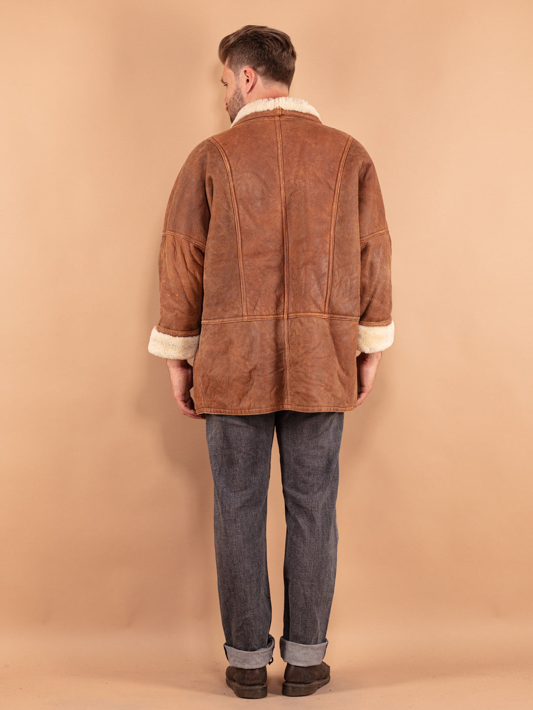 Vintage 80's Men Faded Sheepskin Coat in Brown