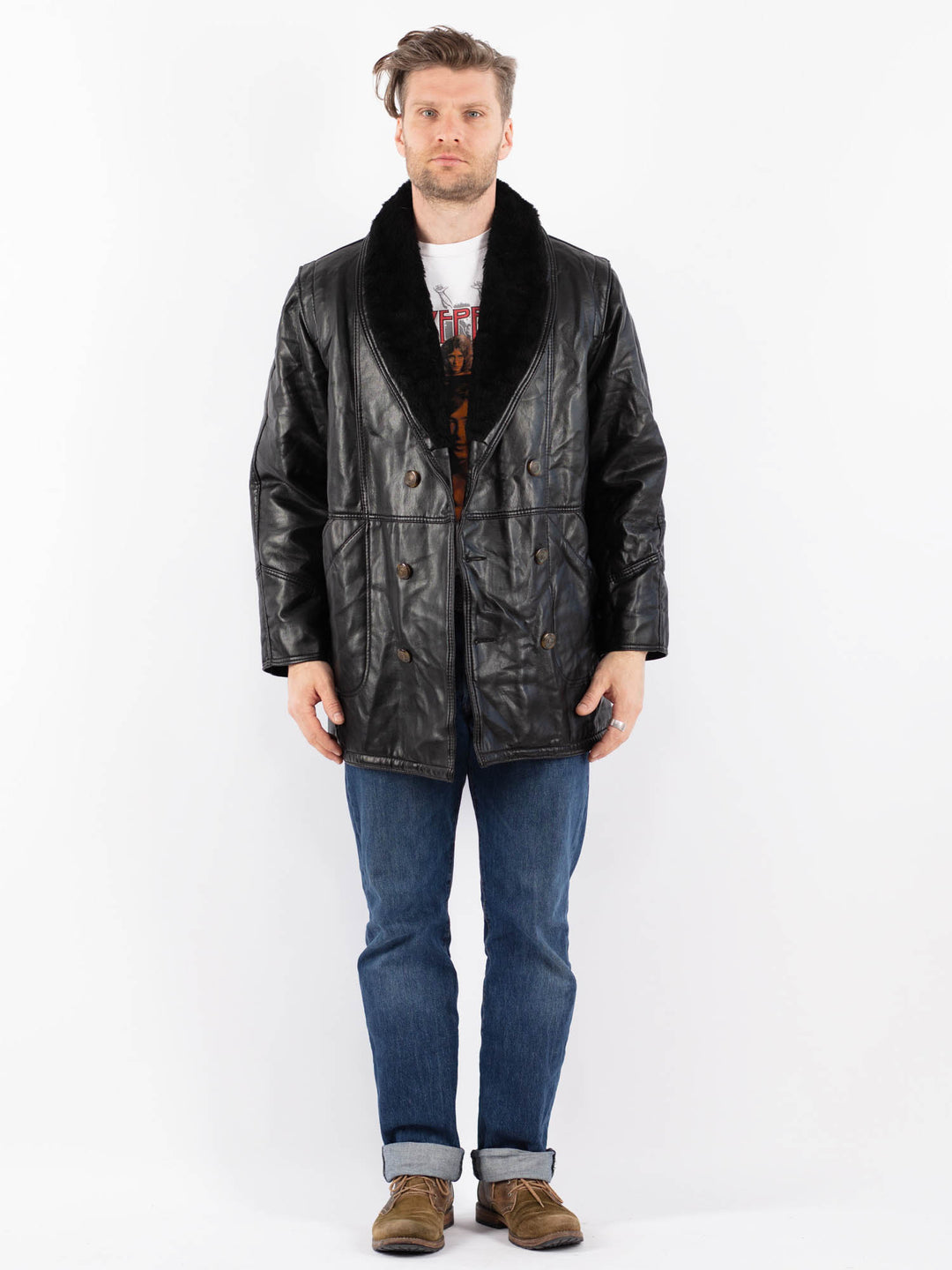 Vintage 90's Men Faux Sheepskin in BlackZ1549