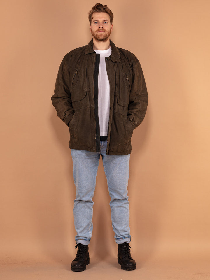 Vintage 80's Men Leather Jacket in Khaki Green - NorthernGrip