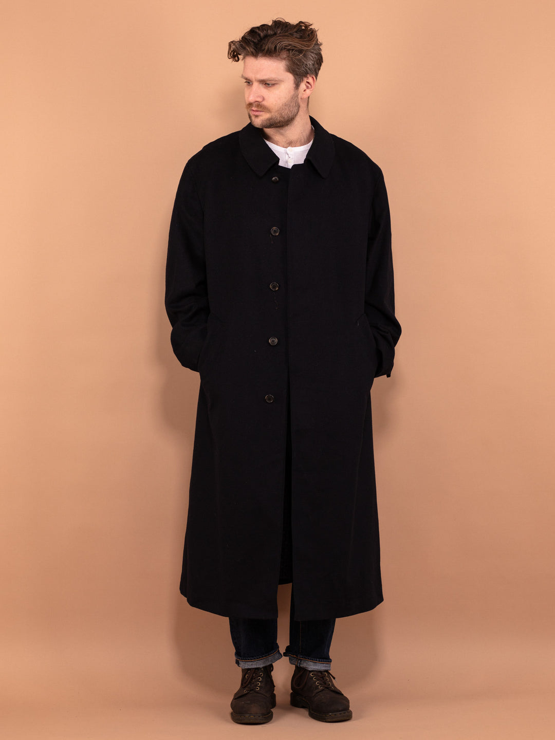 Vintage 80's Men Loden Wool Blend Coat in Navy Blue - NorthernGrip