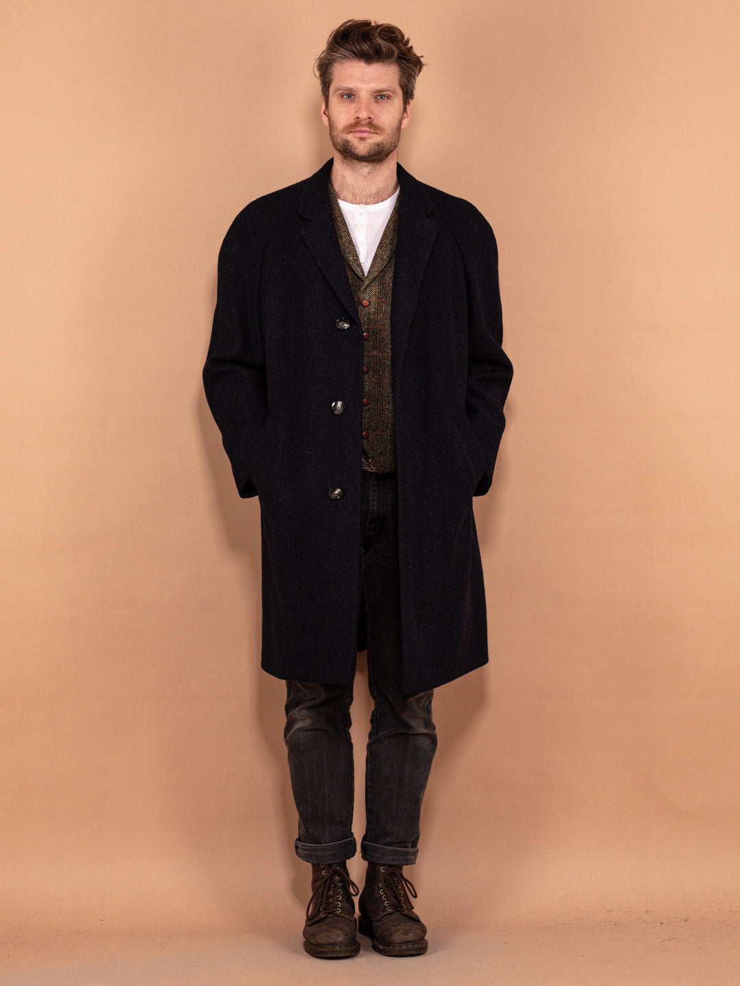 Vintage 80's Men Pure New Wool Coat in Blue - NorthernGrip
