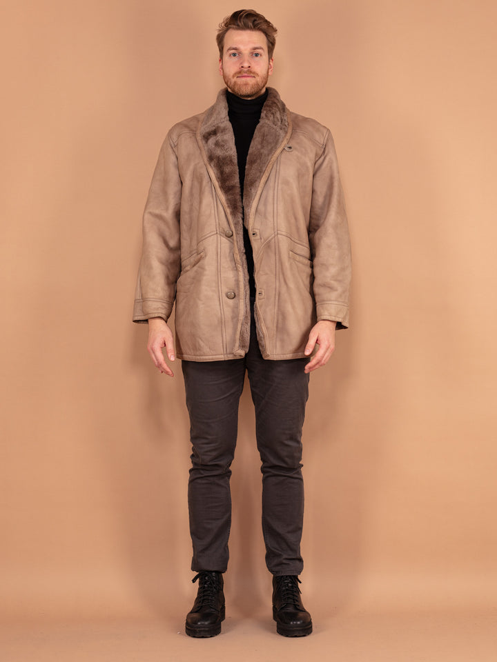 Vintage 80's Men Shearling Leather Coat in Beige - NorthernGrip