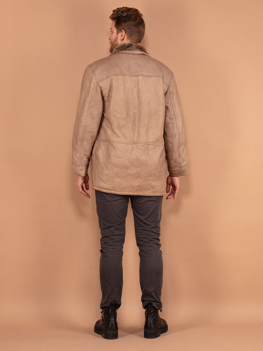 Vintage 80's Men Shearling Leather Coat in Beige - NorthernGrip