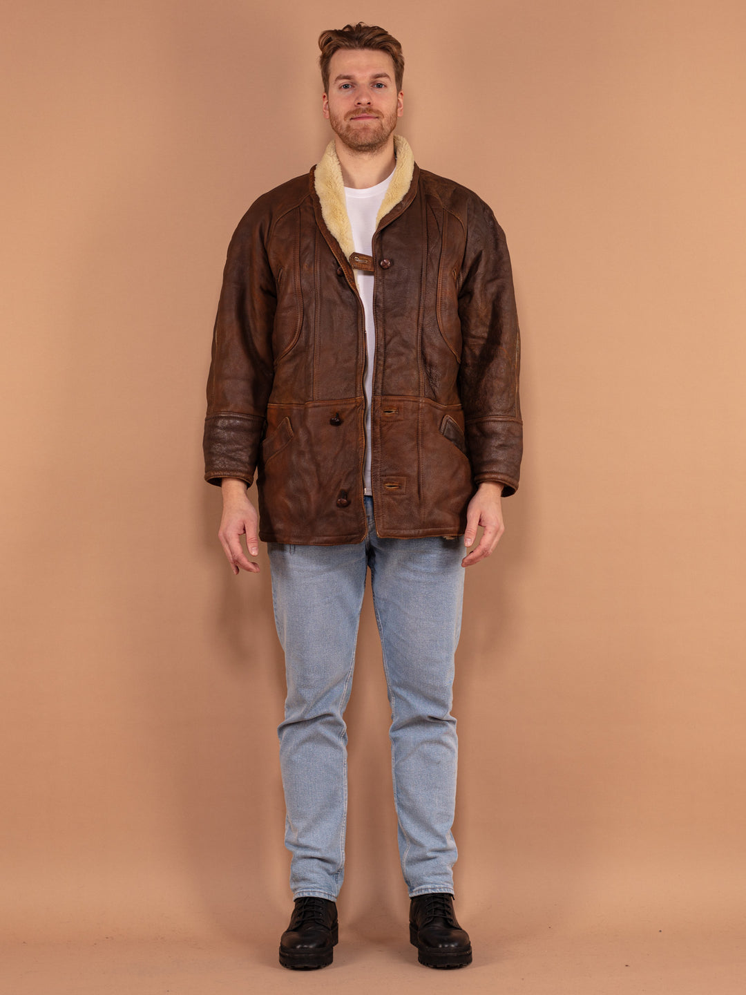 Vintage 80's Men Sheepskin Coat in Brown - NorthernGrip