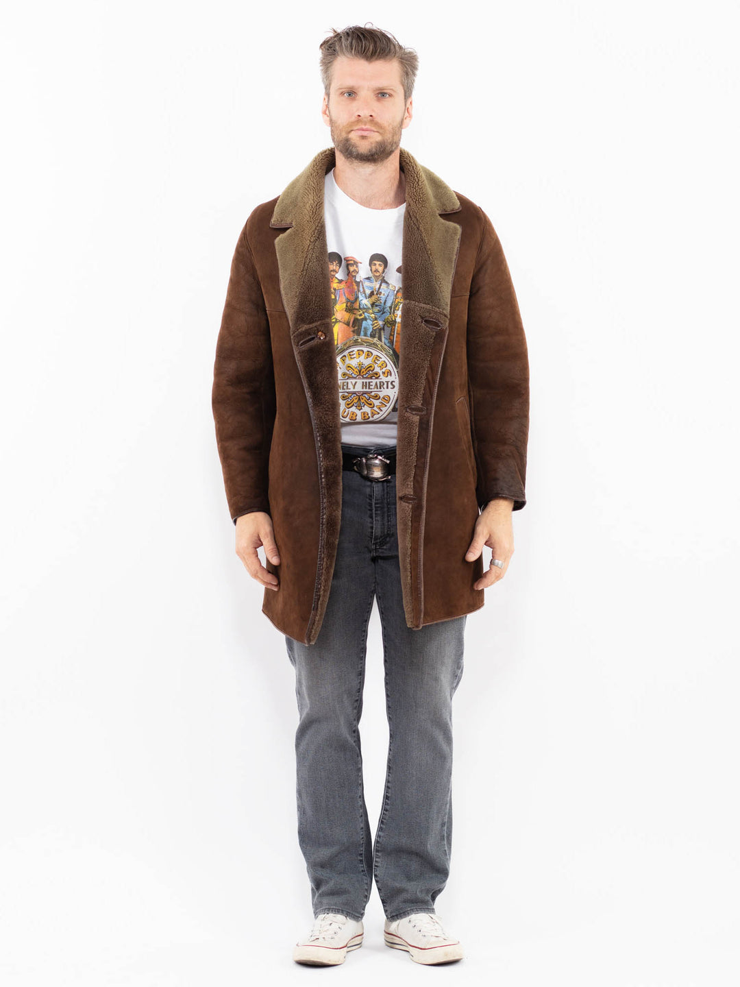 Vintage 80's Men Sheepskin Coat in Brown