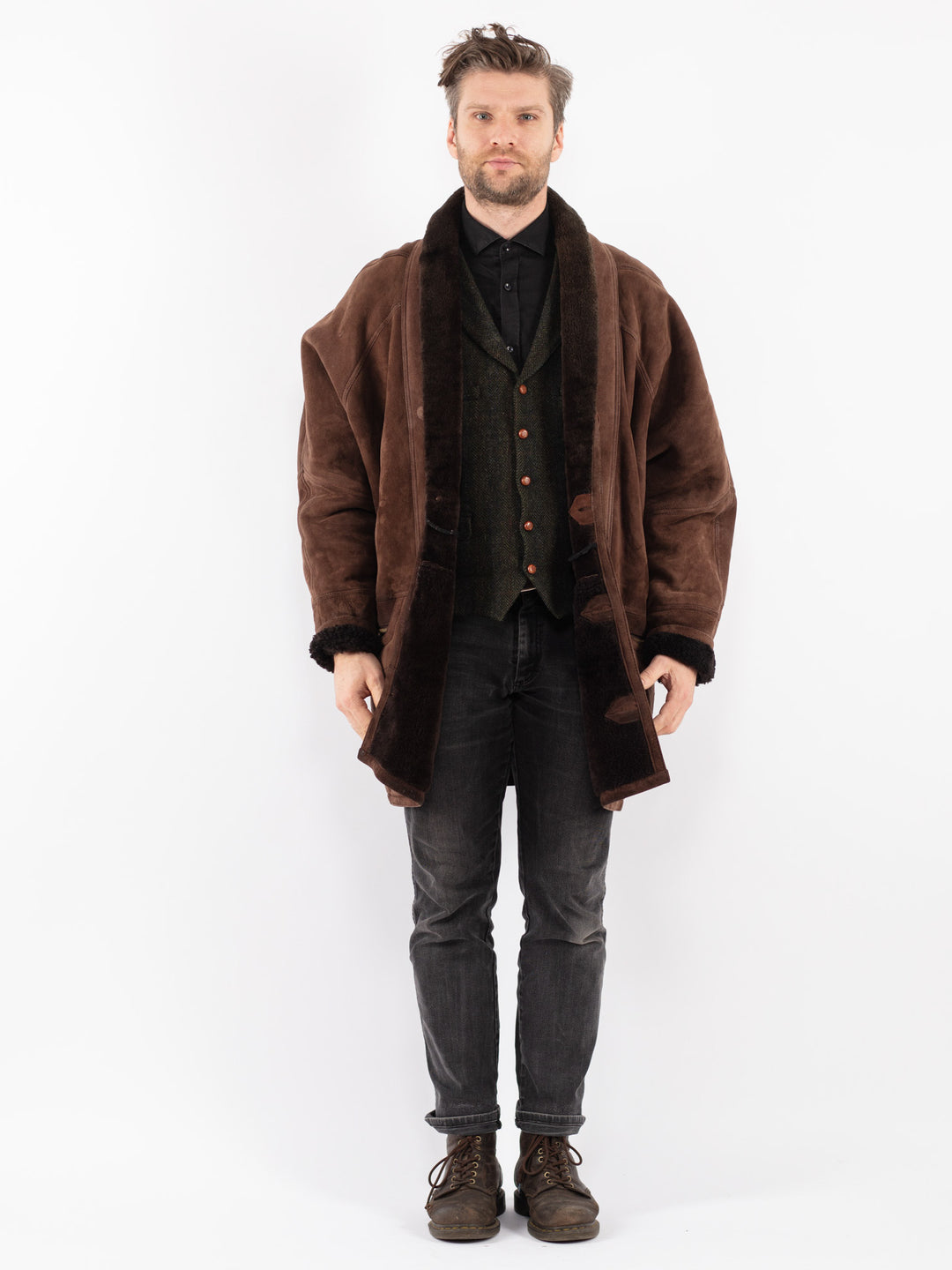 Vintage 80's Men Sheepskin Coat in Brown
