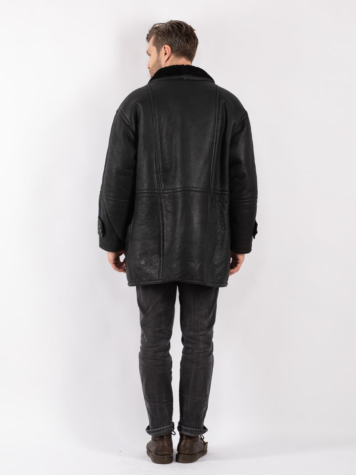 Vintage 80's Men Sheepskin Shearling Coat in Black