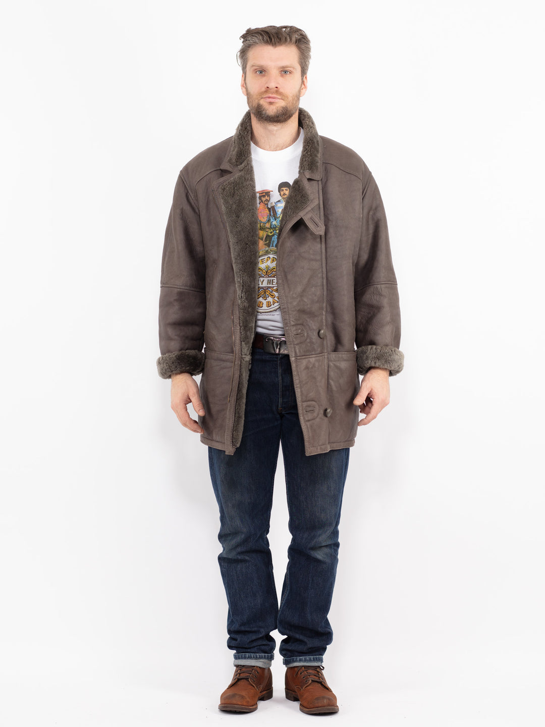 Vintage 80's Men Sheepskin Coat in GrayZ2667