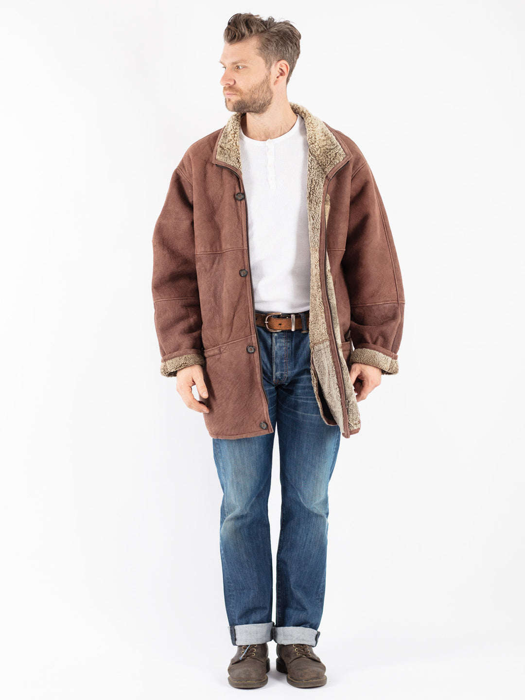 Vintage 80's Men Sheepskin Coat in Brown