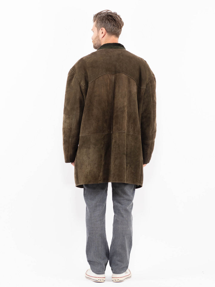 Vintage 80's Men Sheepskin Coat in Moss Green