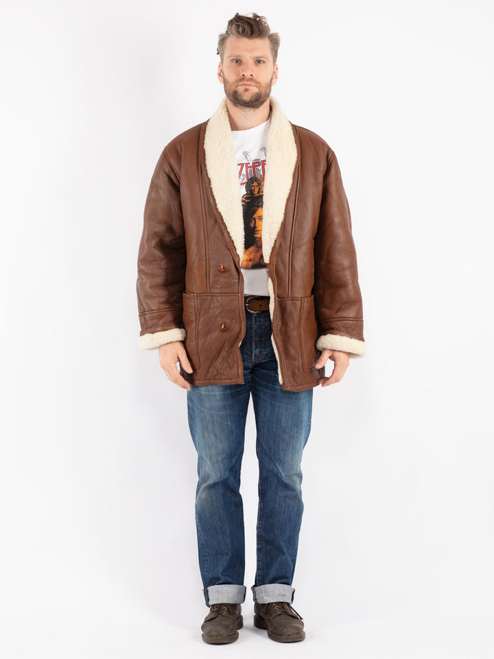 Vintage Men Sheepskin Shearling Coat in Brown