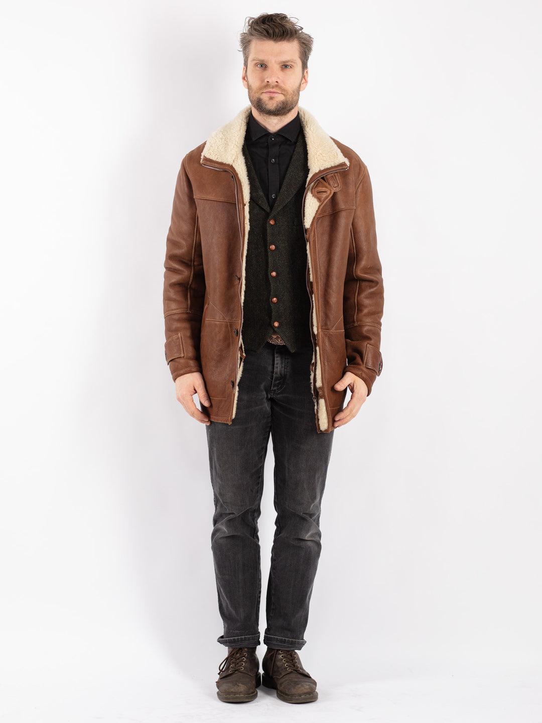 Vintage 90's Men Sheepskin Coat in Brown