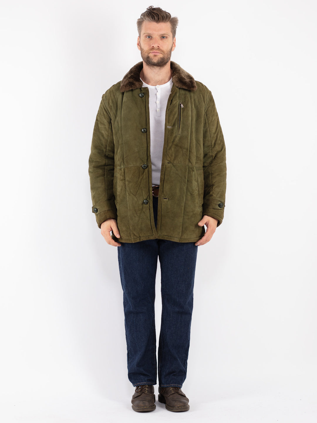 Vintage 80's Men Sheepskin Coat in Green