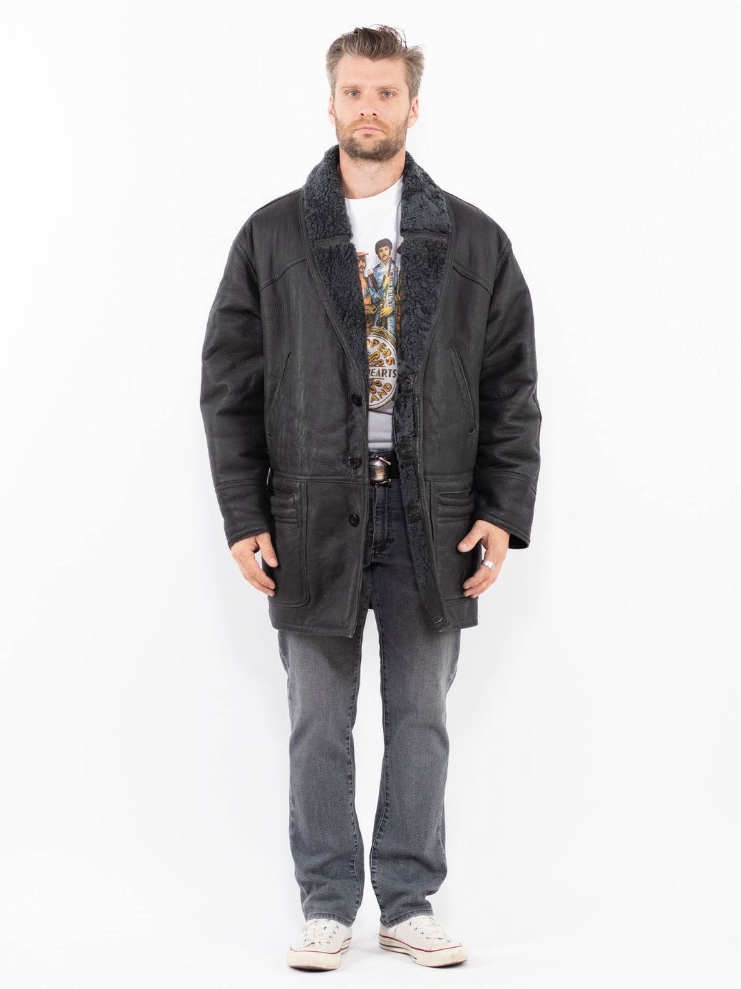 Vintage 80's Men Sheepskin Coat in GrayZ1974