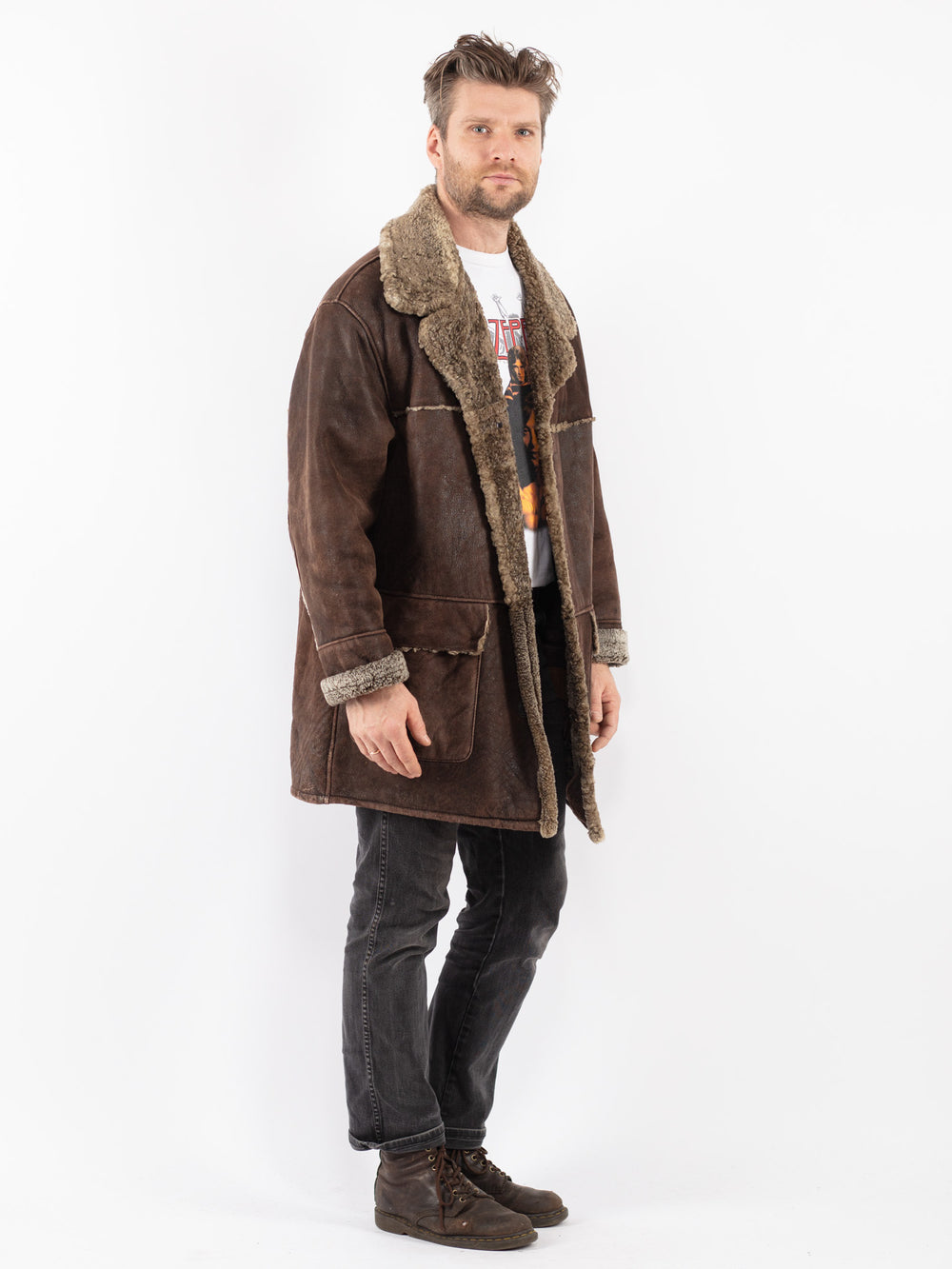 Vintage 80's Men Sheepskin Shearling Coat in Brown