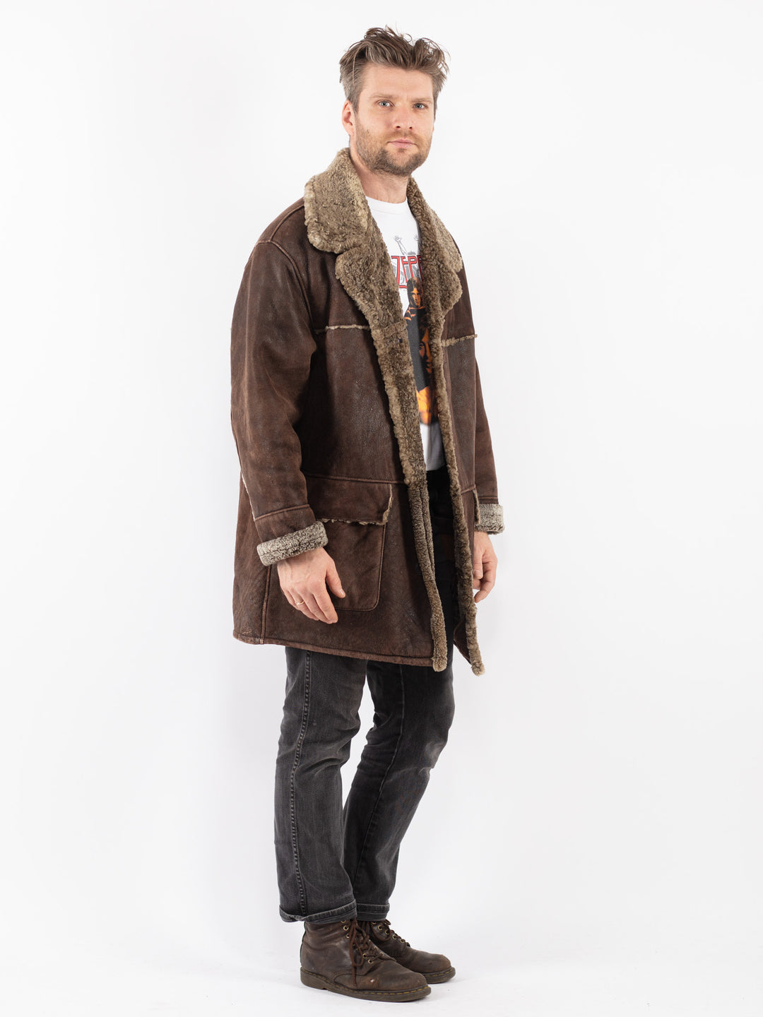 Vintage 80's Men Sheepskin Shearling Coat in Brown
