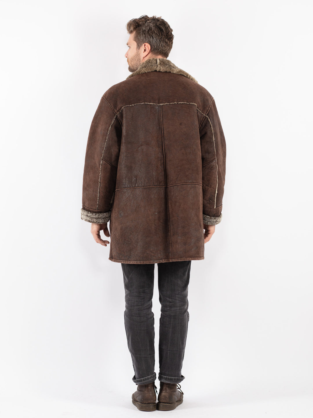 Vintage 80's Men Sheepskin Shearling Coat in Brown