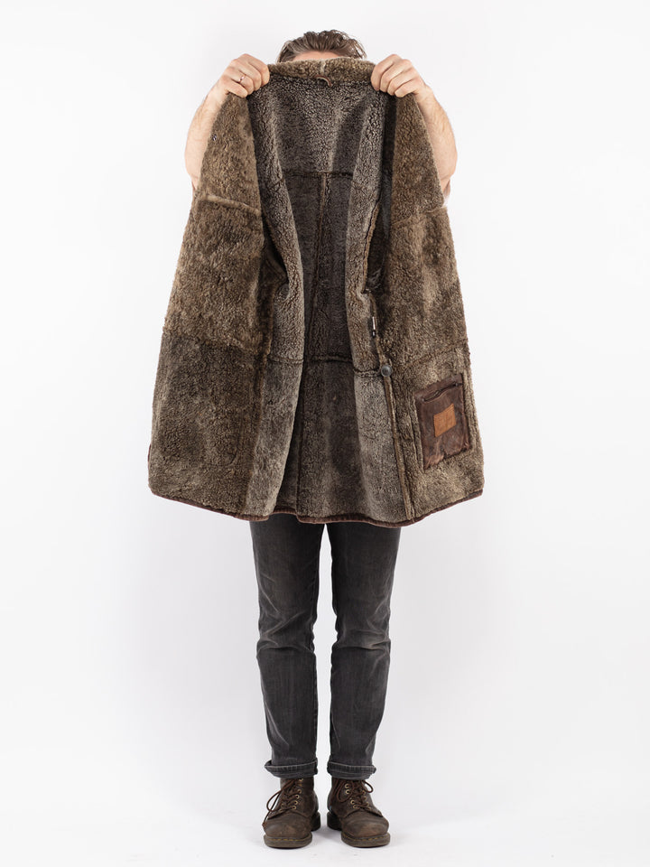 Vintage 80's Men Sheepskin Shearling Coat in Brown