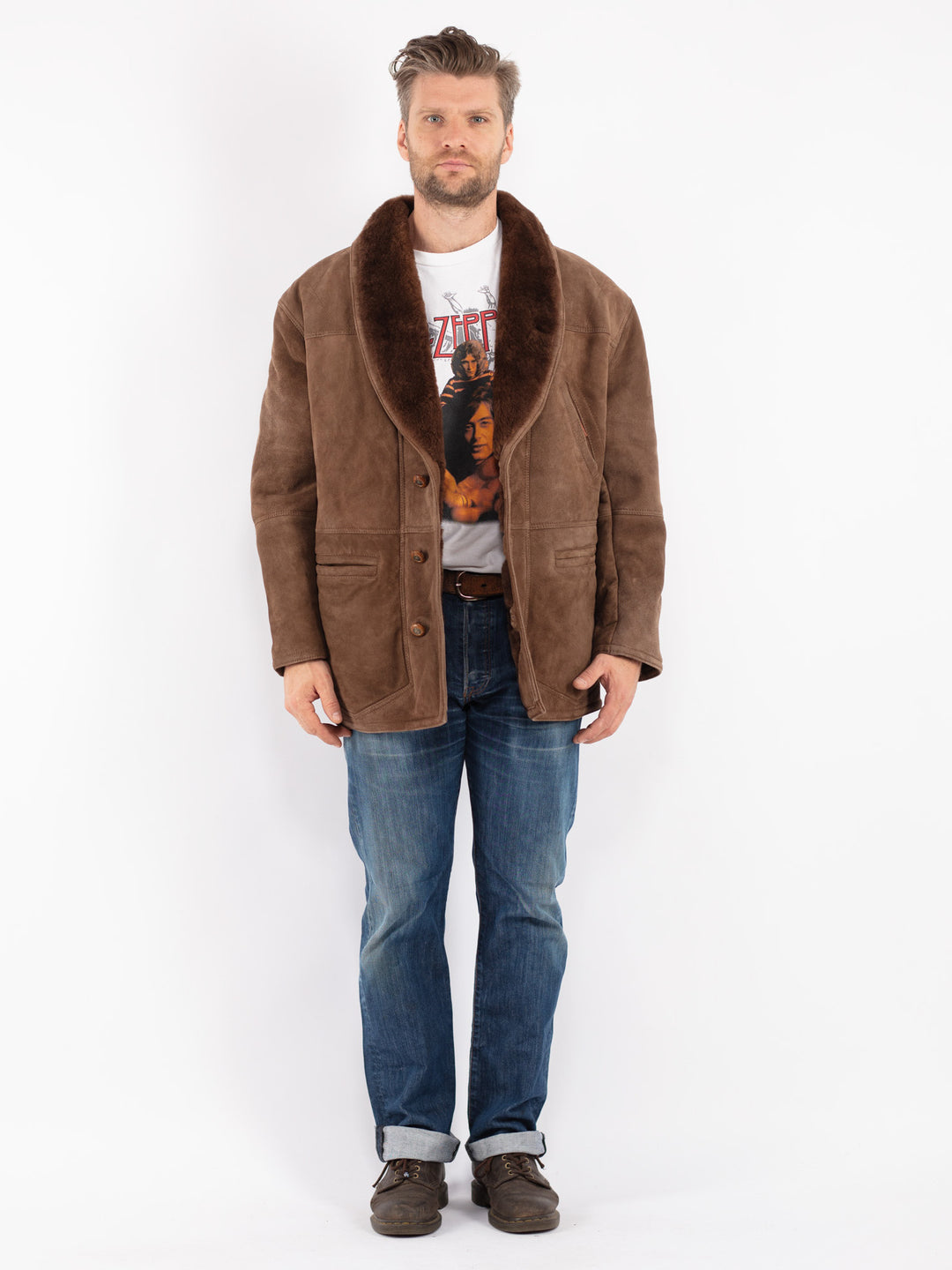 Vintage 70's Men Sheepskin Shearling Coat in Brown