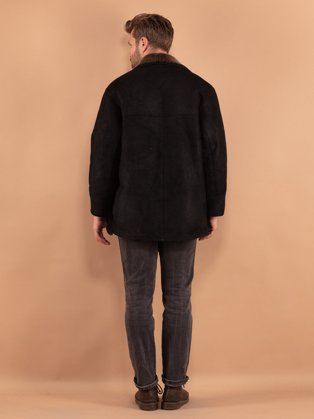 Vintage 80's Men Sheepskin Coat in Black
