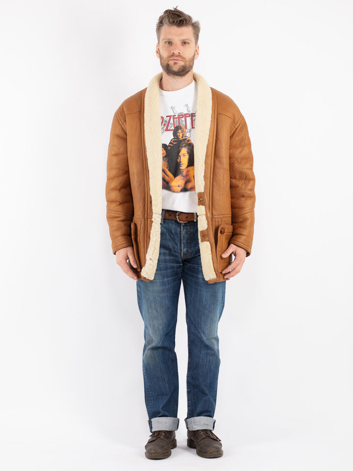 Vintage 80's Men Sheepskin Shearling Coat in Brown