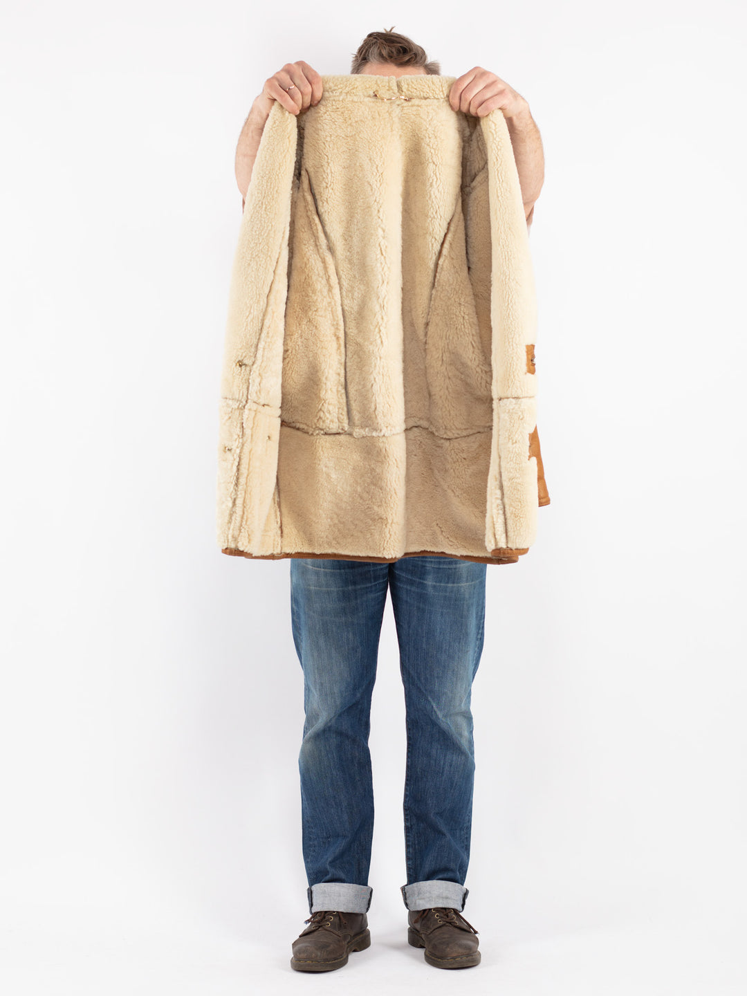 Vintage 80's Men Sheepskin Shearling Coat in Brown