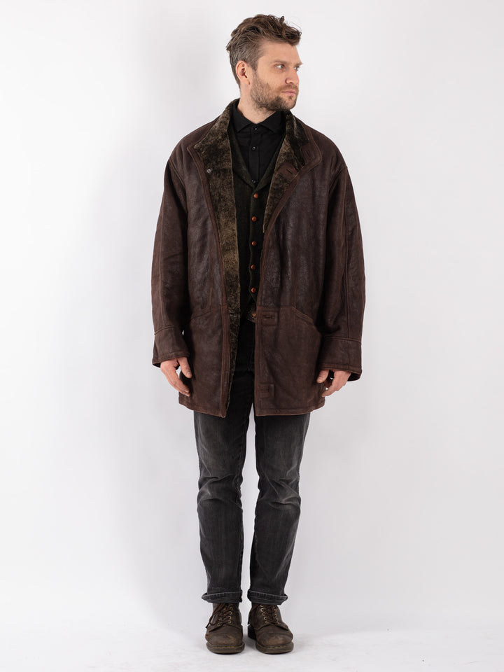 Vintage 80's Men Sheepskin Shearling Coat in Brown