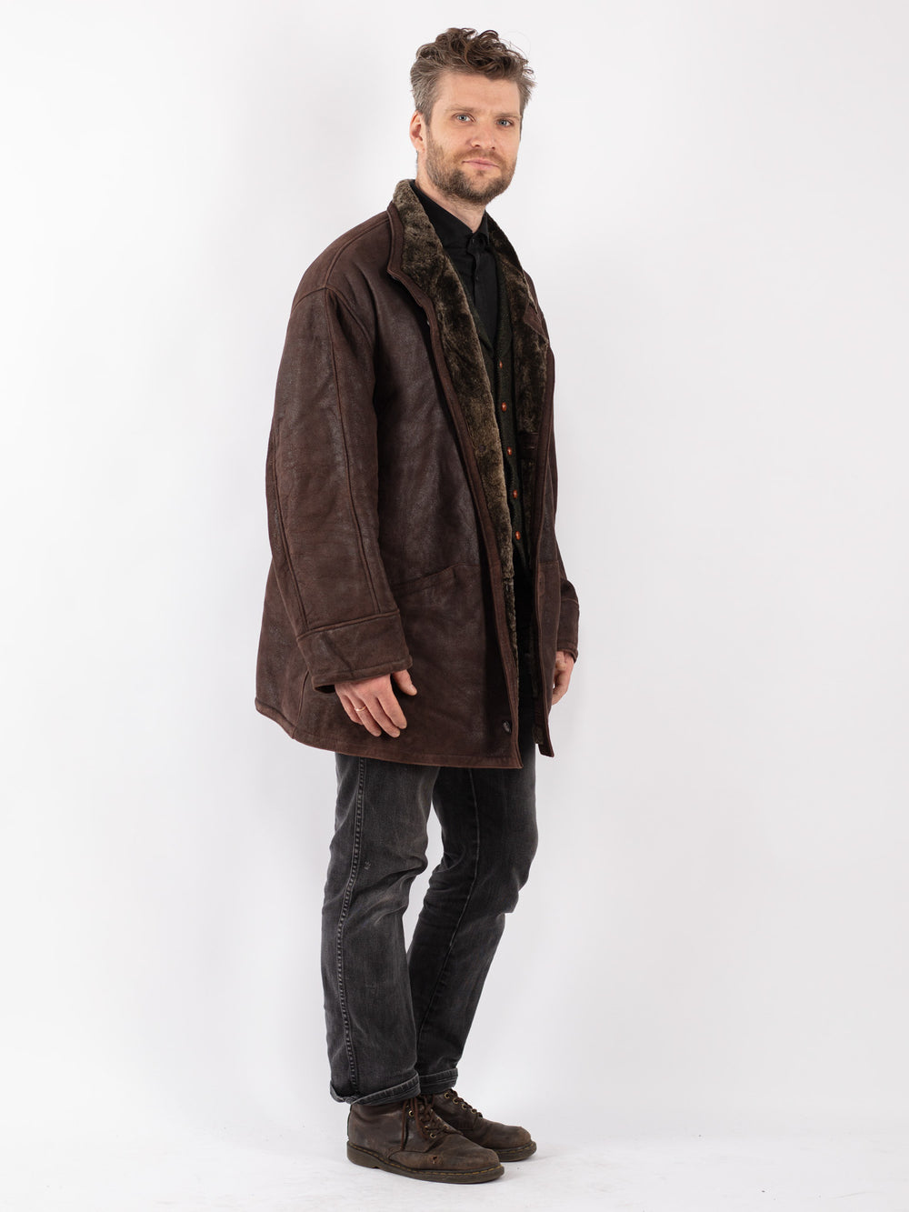 Vintage 80's Men Sheepskin Shearling Coat in Brown