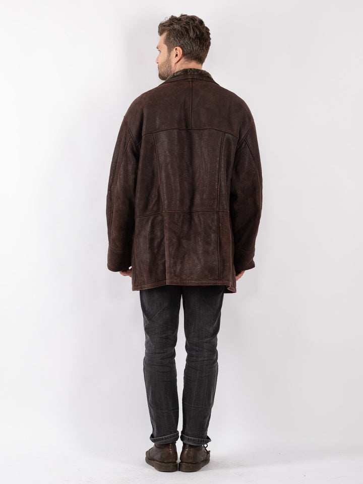 Vintage 80's Men Sheepskin Shearling Coat in Brown