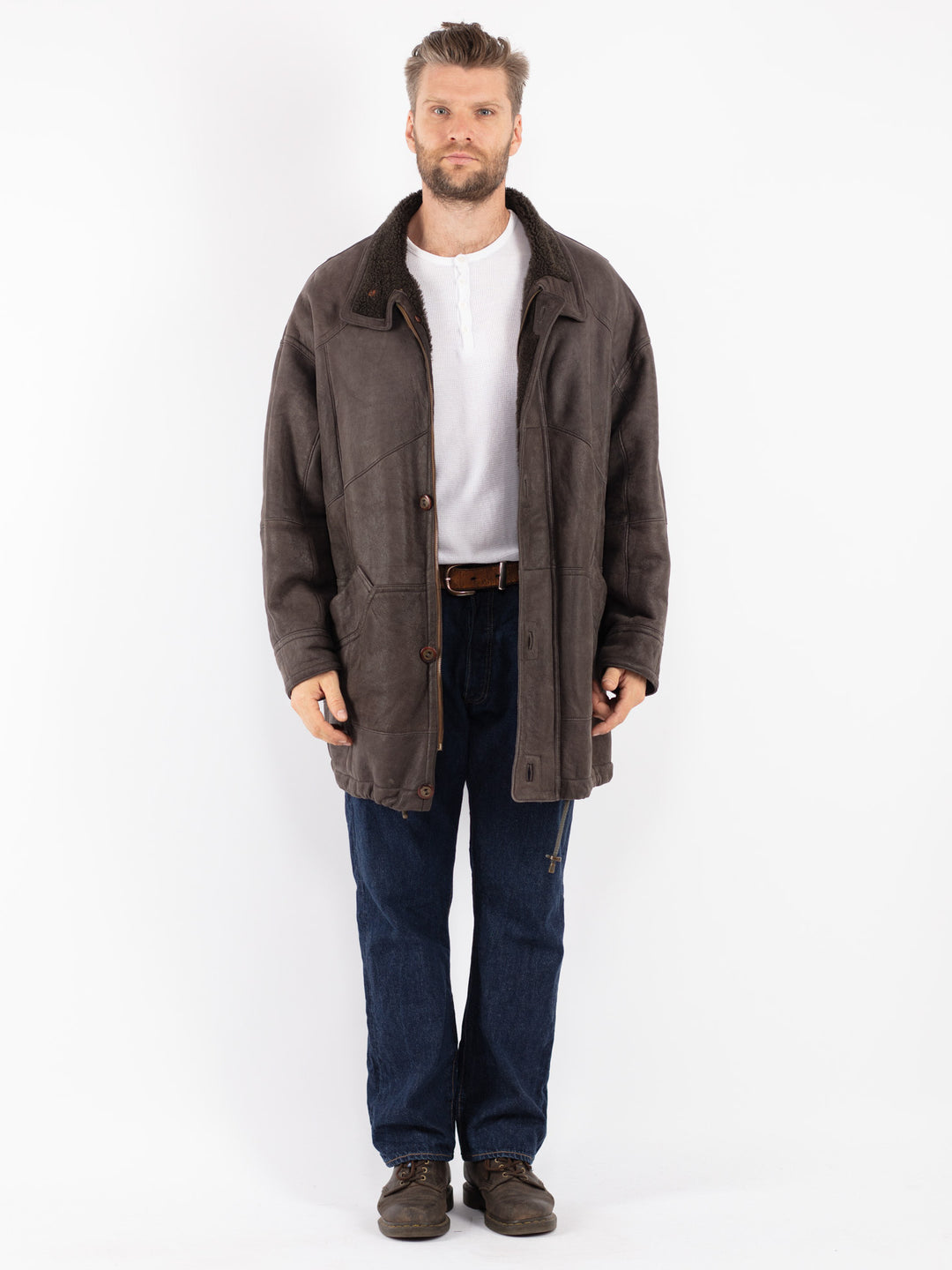 Vintage 80's Men Sheepskin Coat in Gray