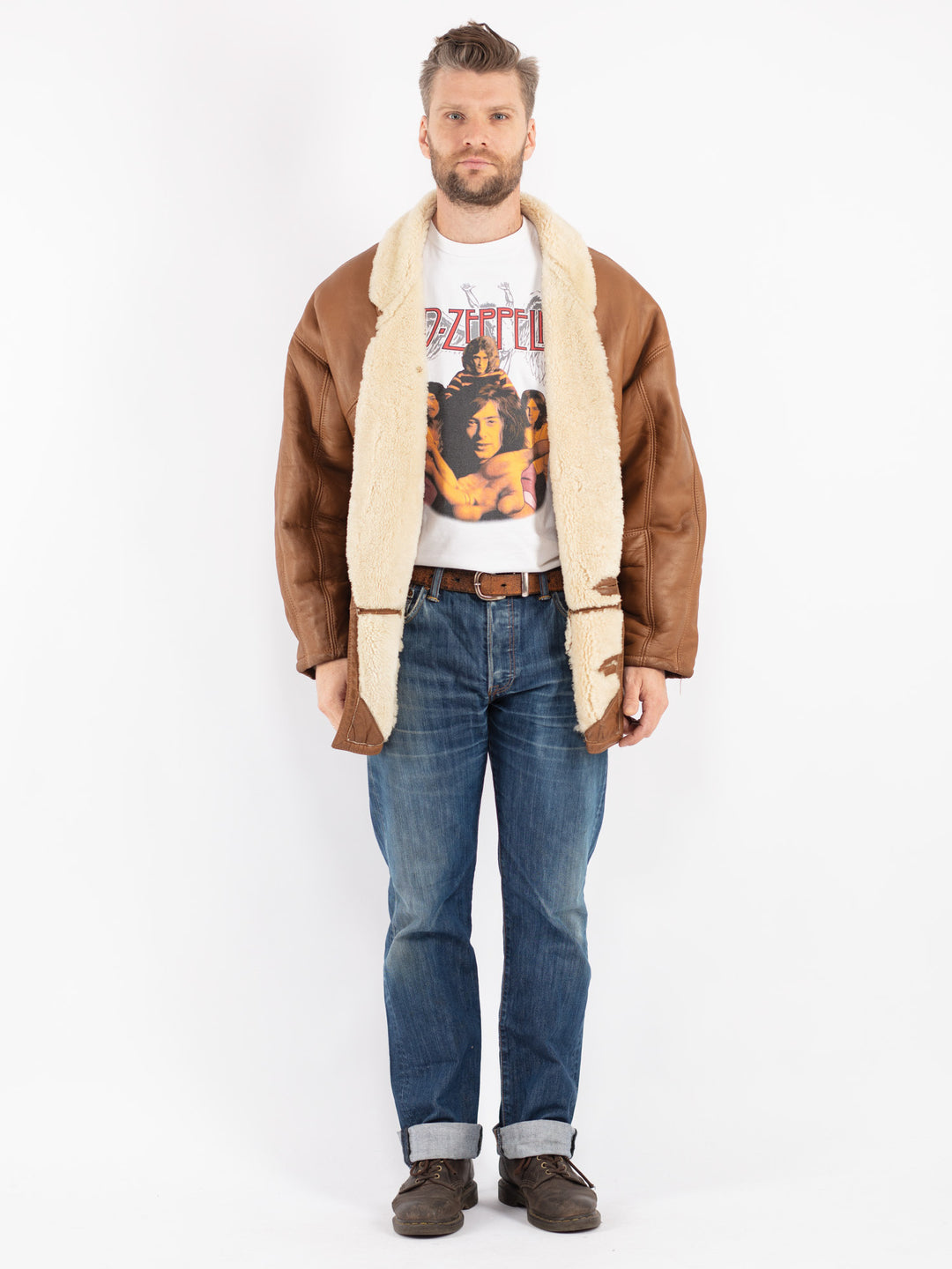 Vintage 80's Men Sheepskin Shearling Coat in Brown