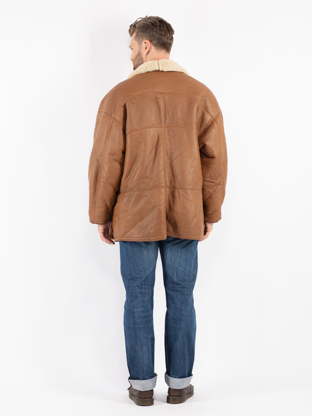 Vintage 80's Men Sheepskin Shearling Coat in Brown